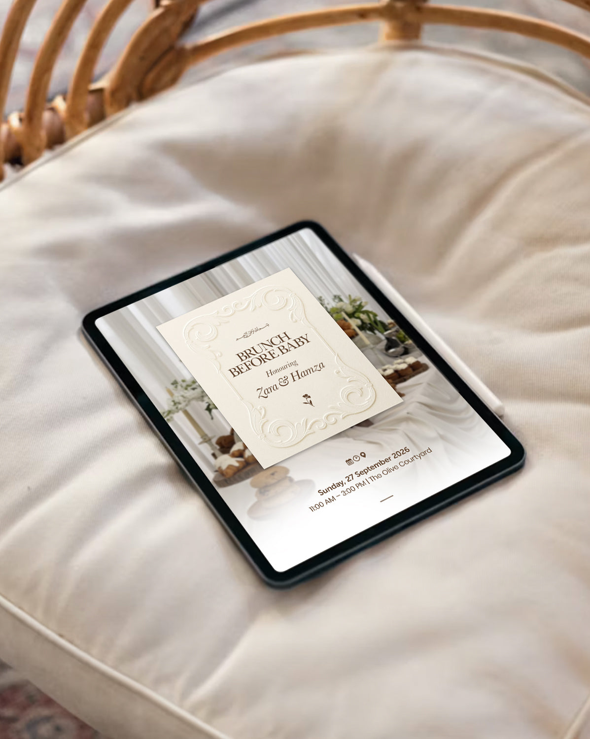 Heirloom Brunch digital baby shower invitation — detail view