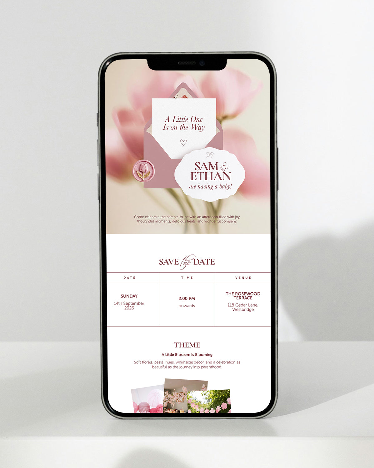 Tulip Post digital baby shower invitation — inside the invitation