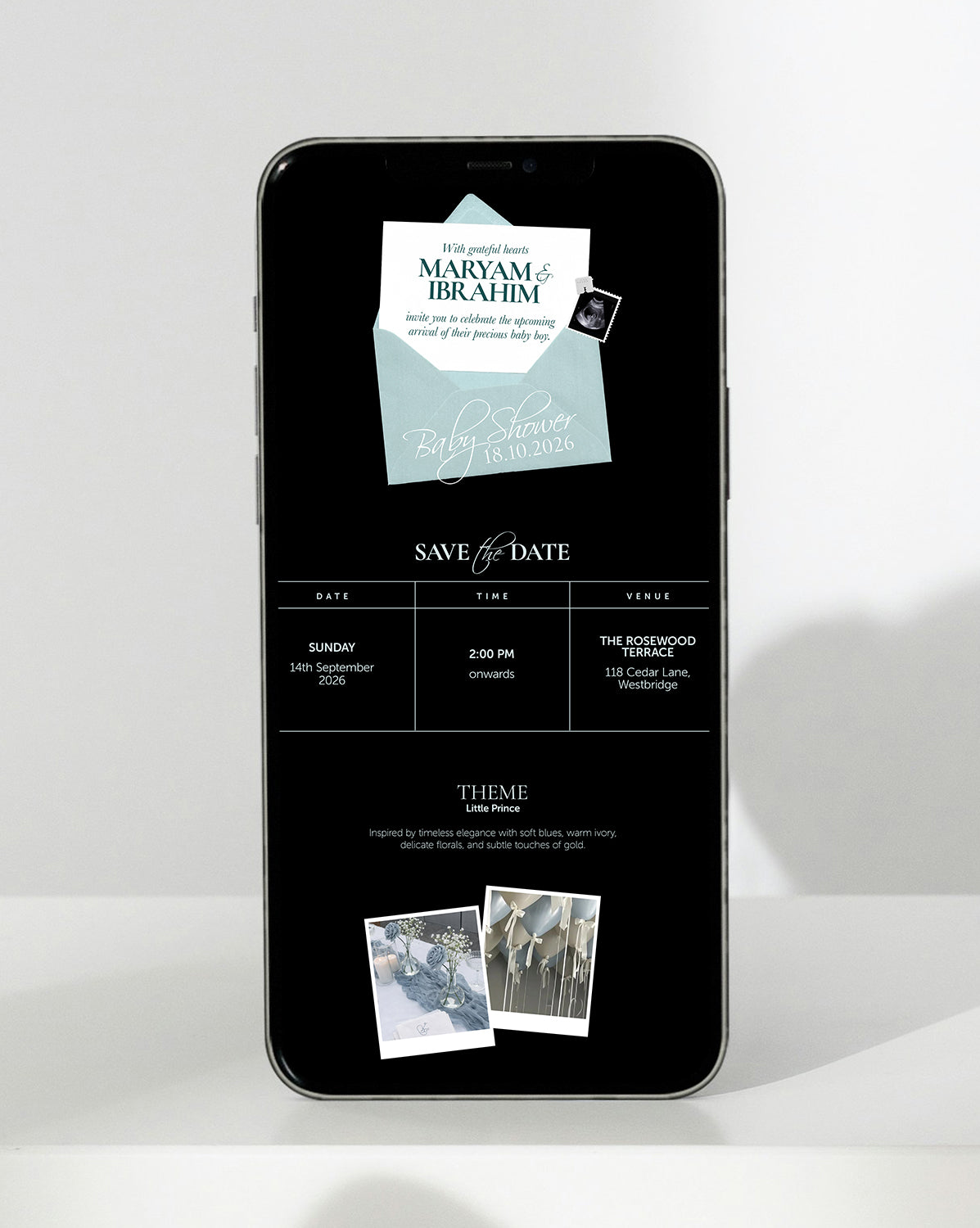 Starlit Arrival digital baby shower invitation — inside the invitation