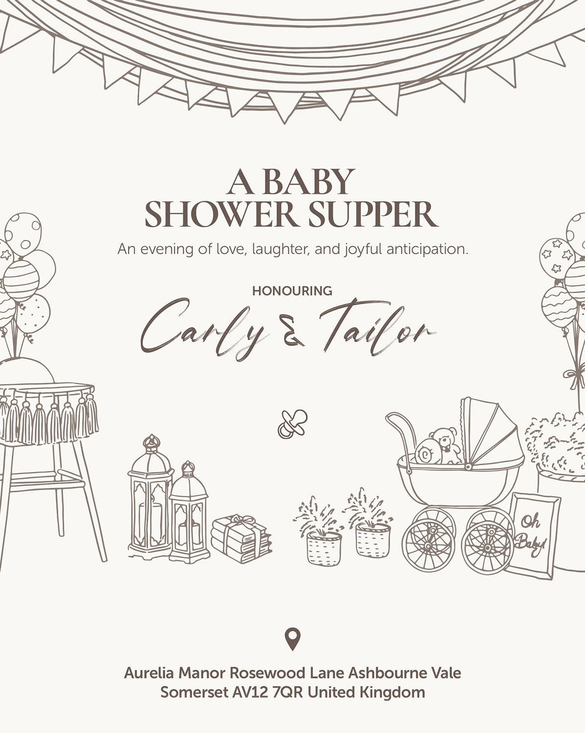 Nursery Supper digital baby shower invitation — main design