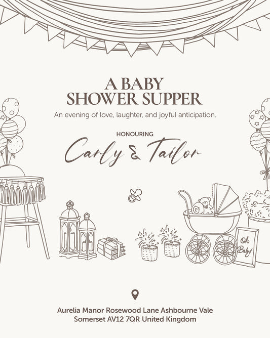 Nursery Supper digital baby shower invitation — main design