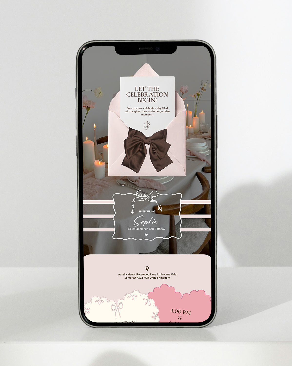 Satin Bow digital birthday invitation — inside the invitation