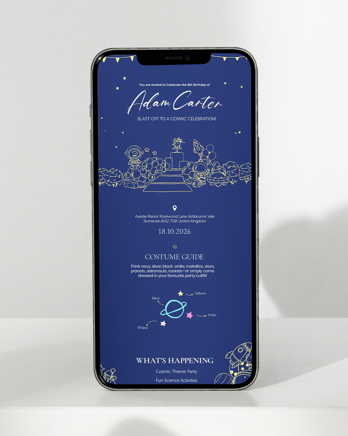 Cosmic Celebration digital birthday invitation — inside the invitation