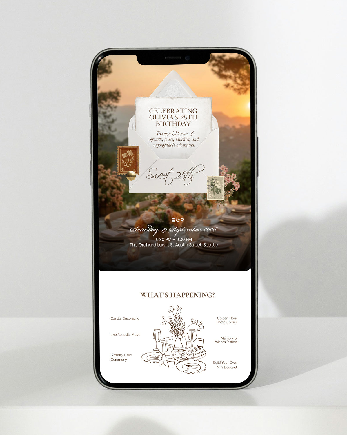 Sunset Soirée digital birthday invitation — inside the invitation