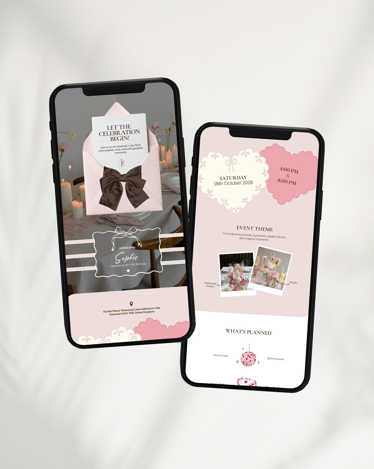 Satin Bow digital birthday invitation — styled view