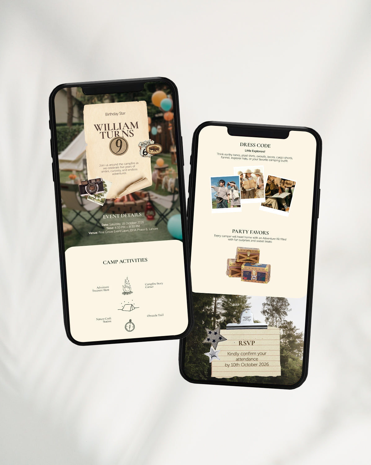 Campfire Adventure digital birthday invitation — styled view
