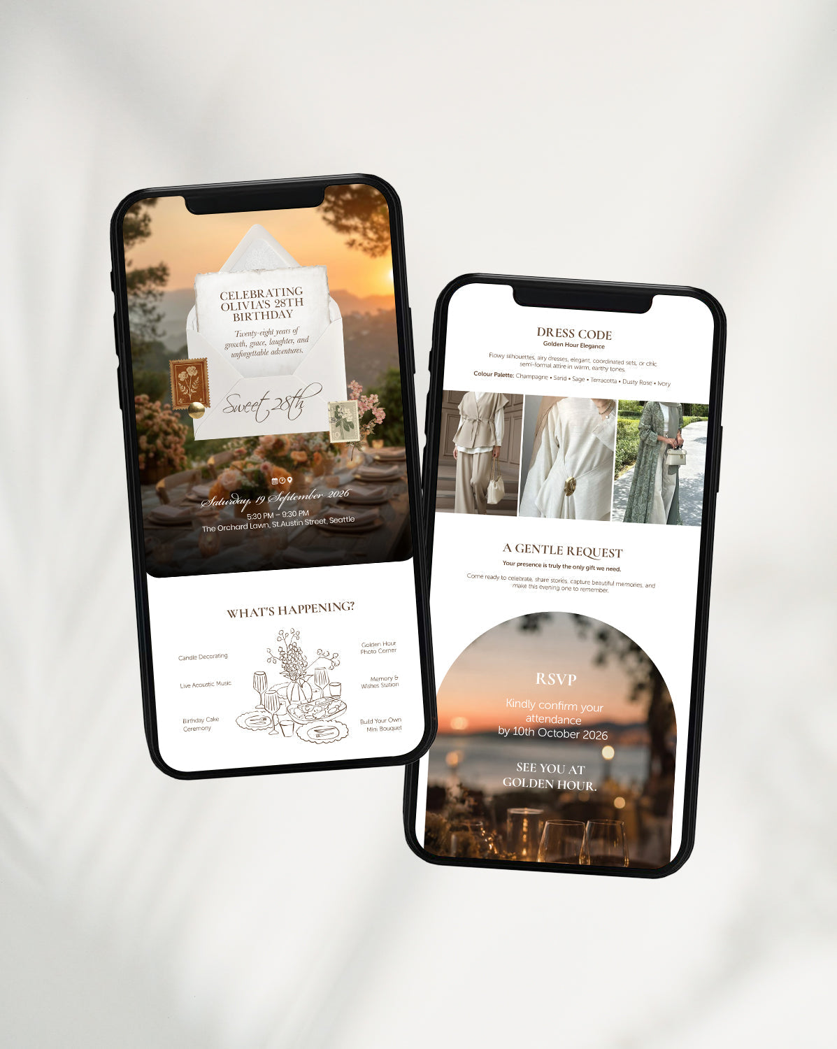 Sunset Soirée digital birthday invitation — styled view