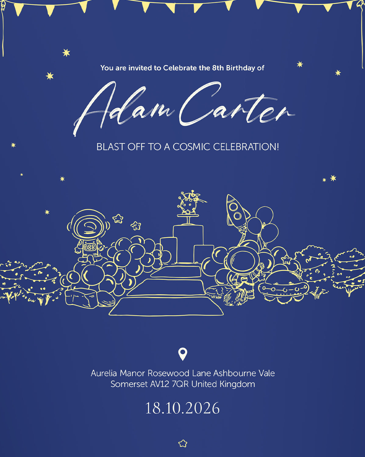Cosmic Celebration digital birthday invitation — main design