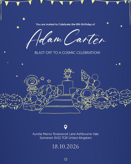Cosmic Celebration digital birthday invitation — main design