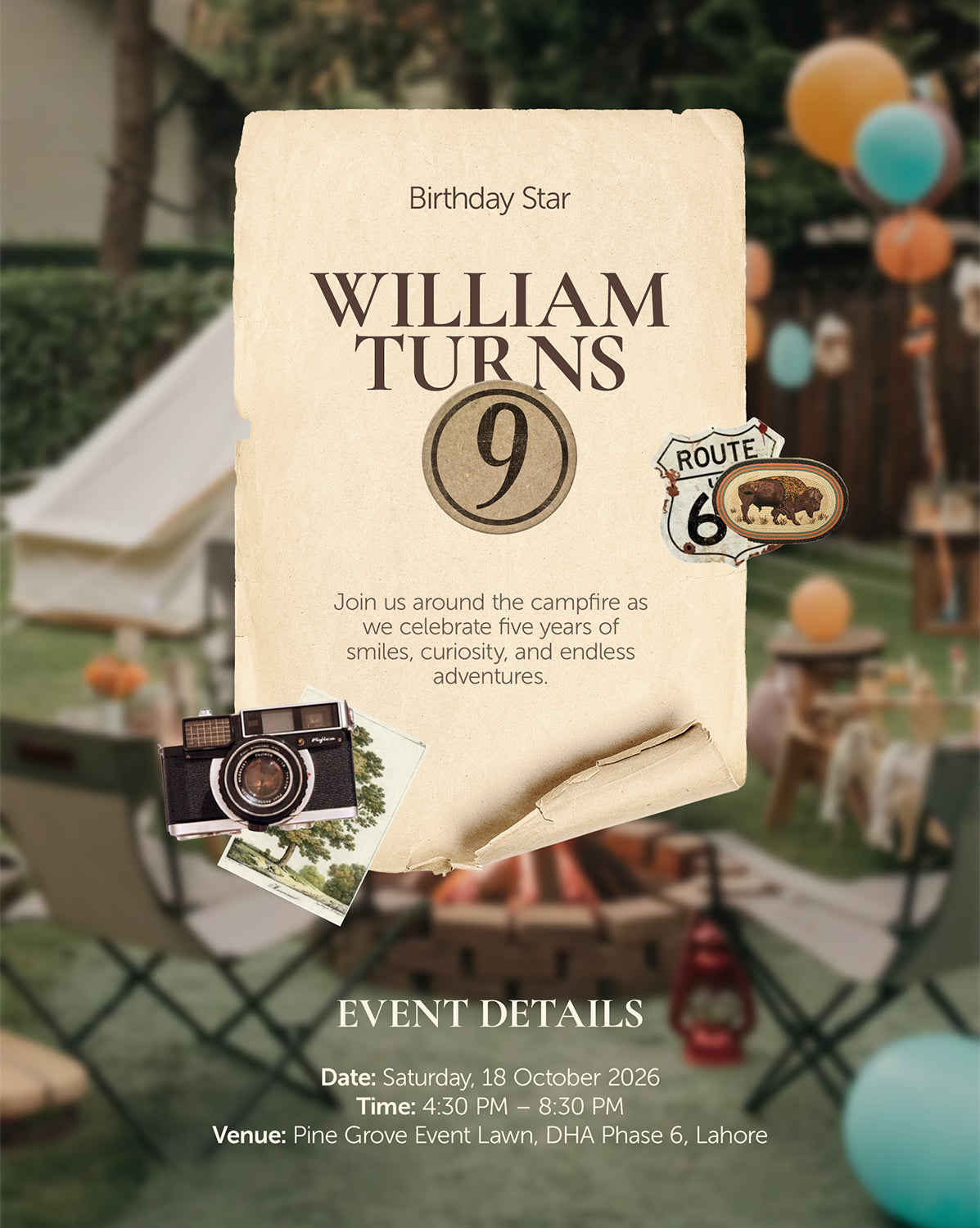 Campfire Adventure digital birthday invitation — main design