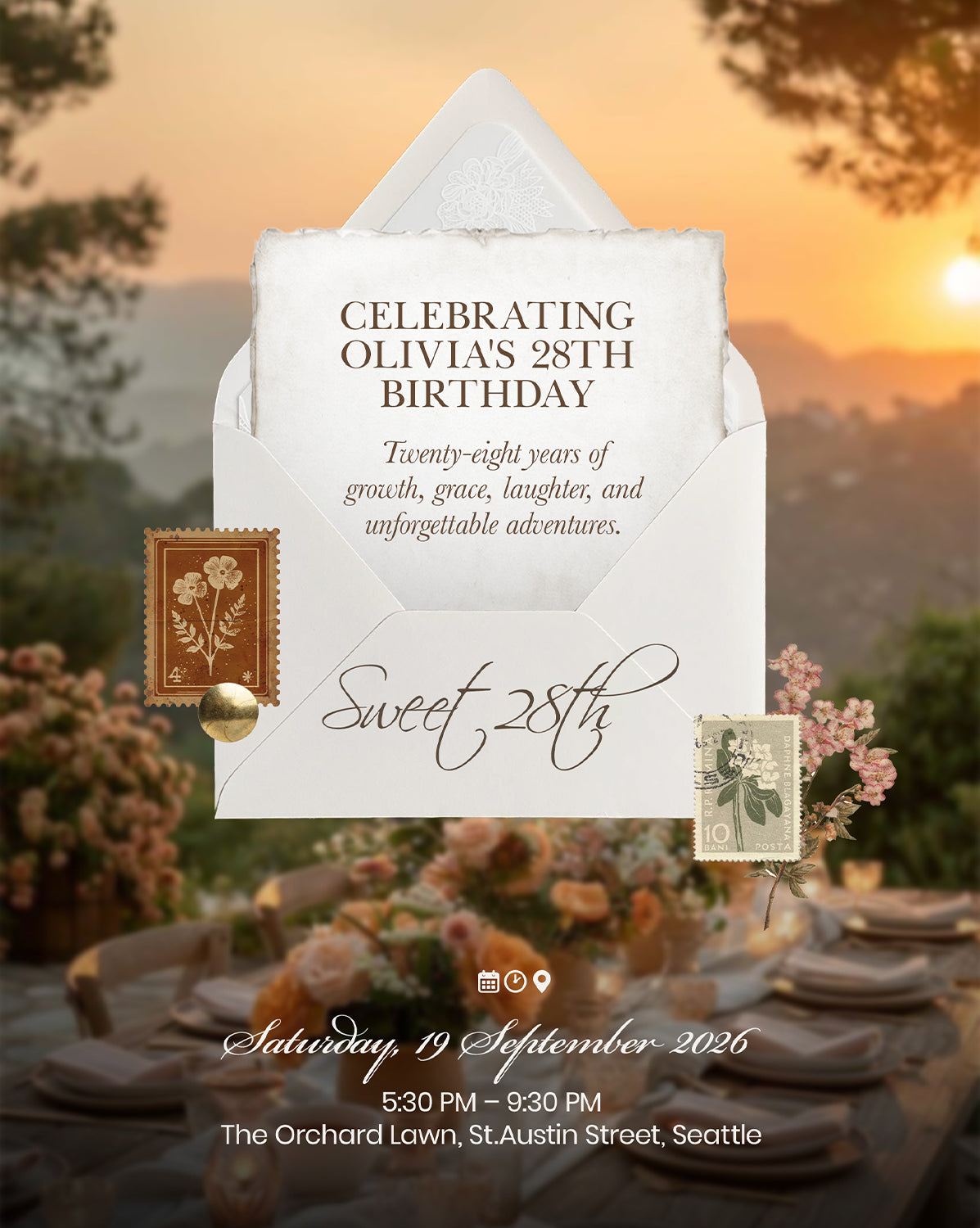 Sunset Soirée digital birthday invitation — main design