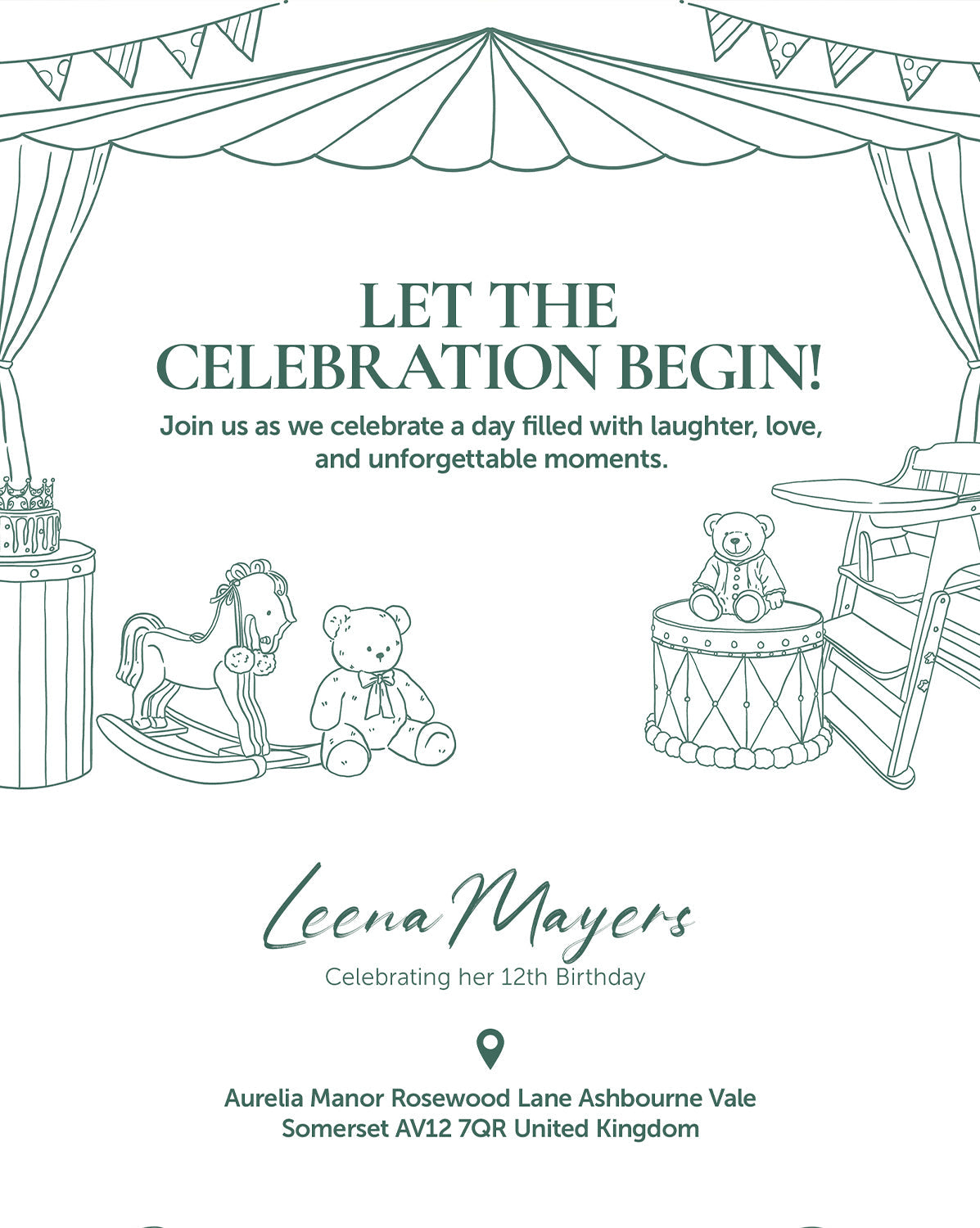 Toy Theatre digital birthday invitation — main design