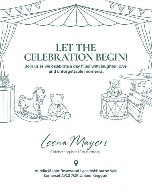 Toy Theatre digital birthday invitation — main design