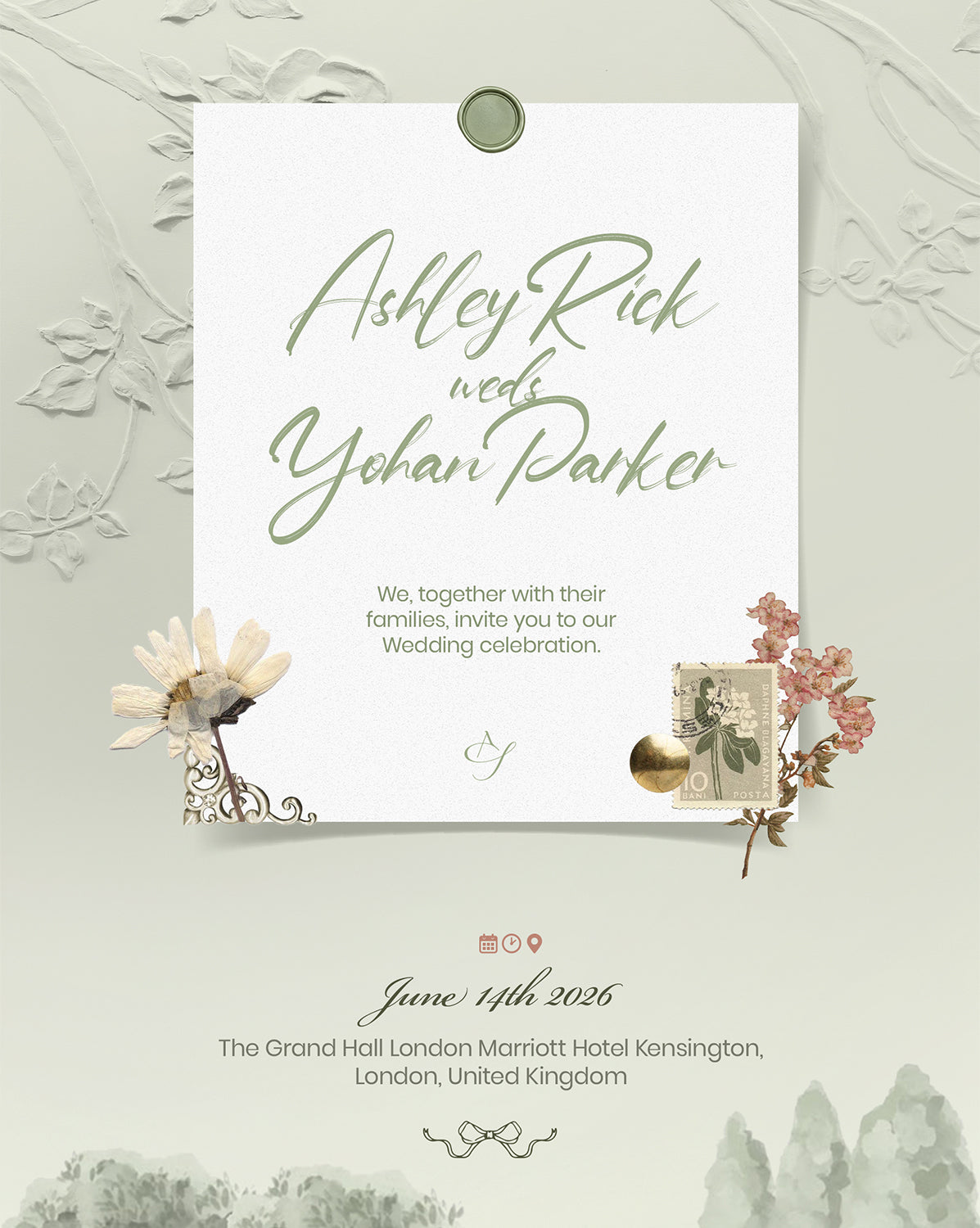 Pressed Petals digital wedding invitation — main design