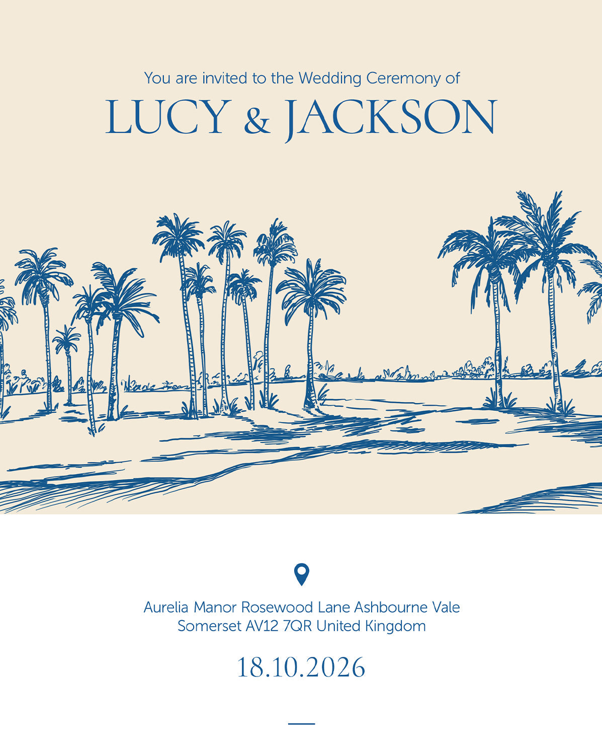 Riviera Palms digital wedding invitation — main design